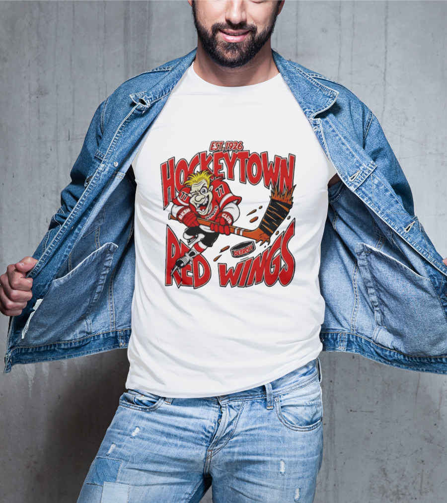 Detroit Red Wings Hockeytown Est. 1926 Vintage Cartoon Player With Flaming Hockey Stick T-Shirt