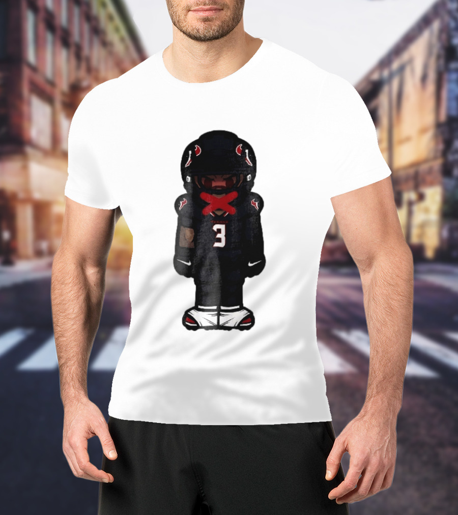 Houston Texans Cartoon Caricature Player Jersey Number 3 Red X Mouth T-Shirt