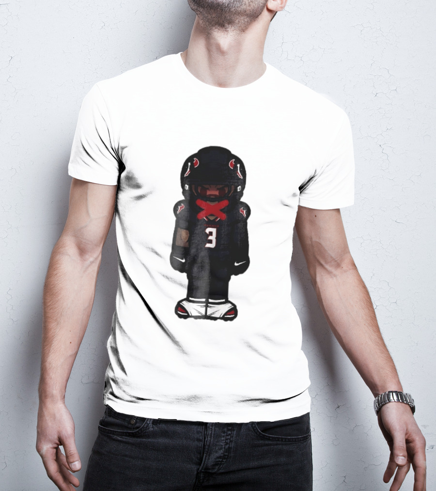Houston Texans Cartoon Caricature Player Jersey Number 3 Red X Mouth T-Shirt