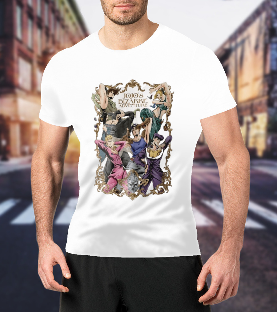 JoJo's Bizarre Adventure Characters Posing In Ornate Gold Frame With Stone Mask T-Shirt