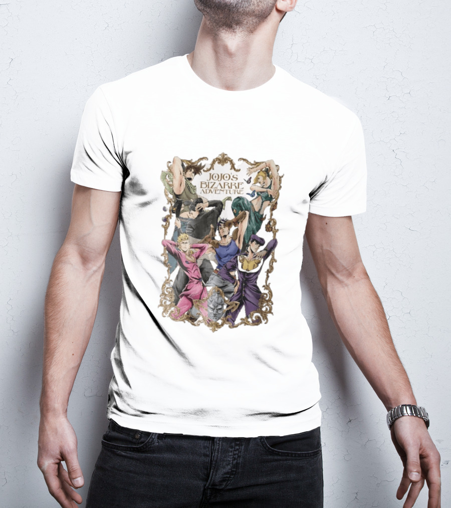 JoJo's Bizarre Adventure Characters Posing In Ornate Gold Frame With Stone Mask T-Shirt