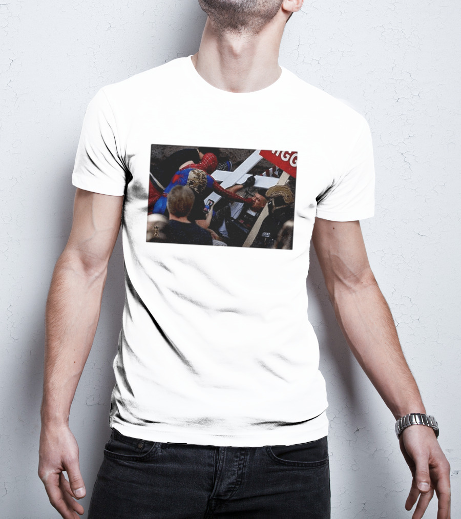 Unmasked Conflict Spider Man Vs Jake Lang Rally Minneapolis Protest T-Shirt
