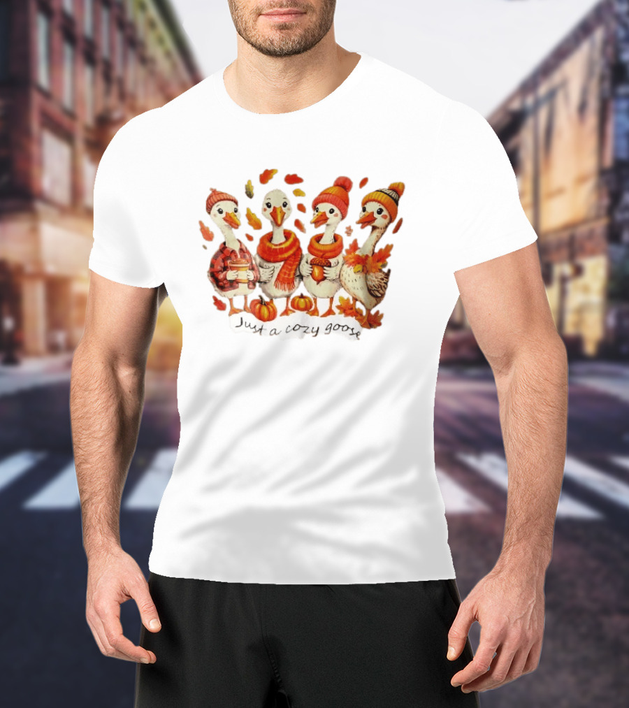 Cozy Goose Autumn Theme Four Cartoon Birds Leaves Pumpkins T-Shirt