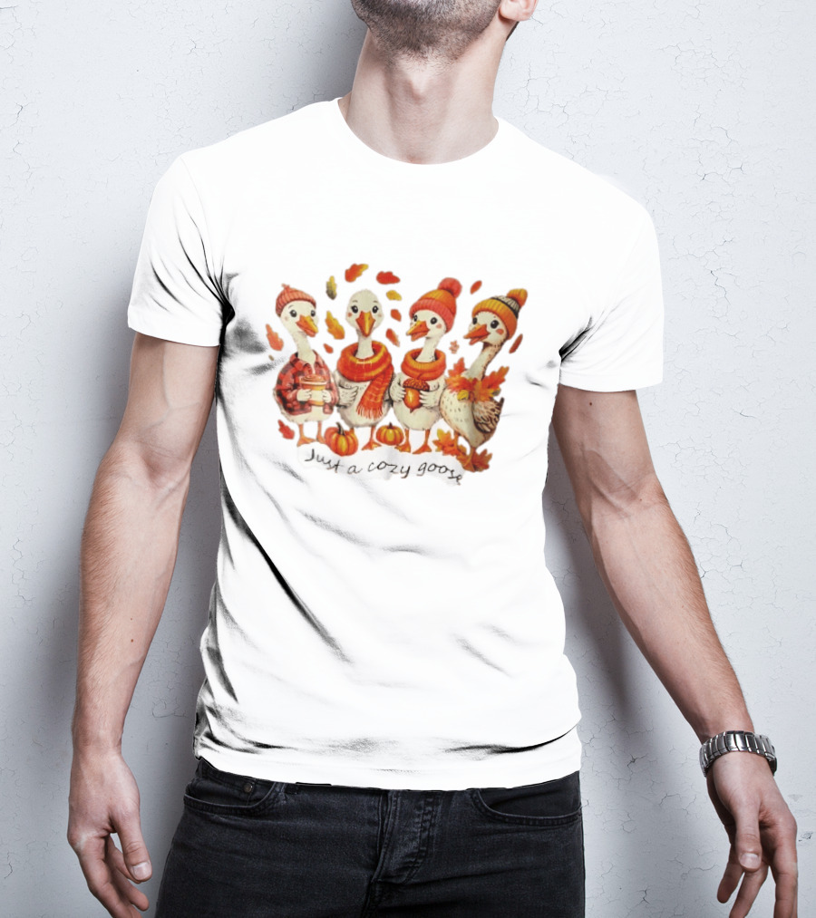 Cozy Goose Autumn Theme Four Cartoon Birds Leaves Pumpkins T-Shirt
