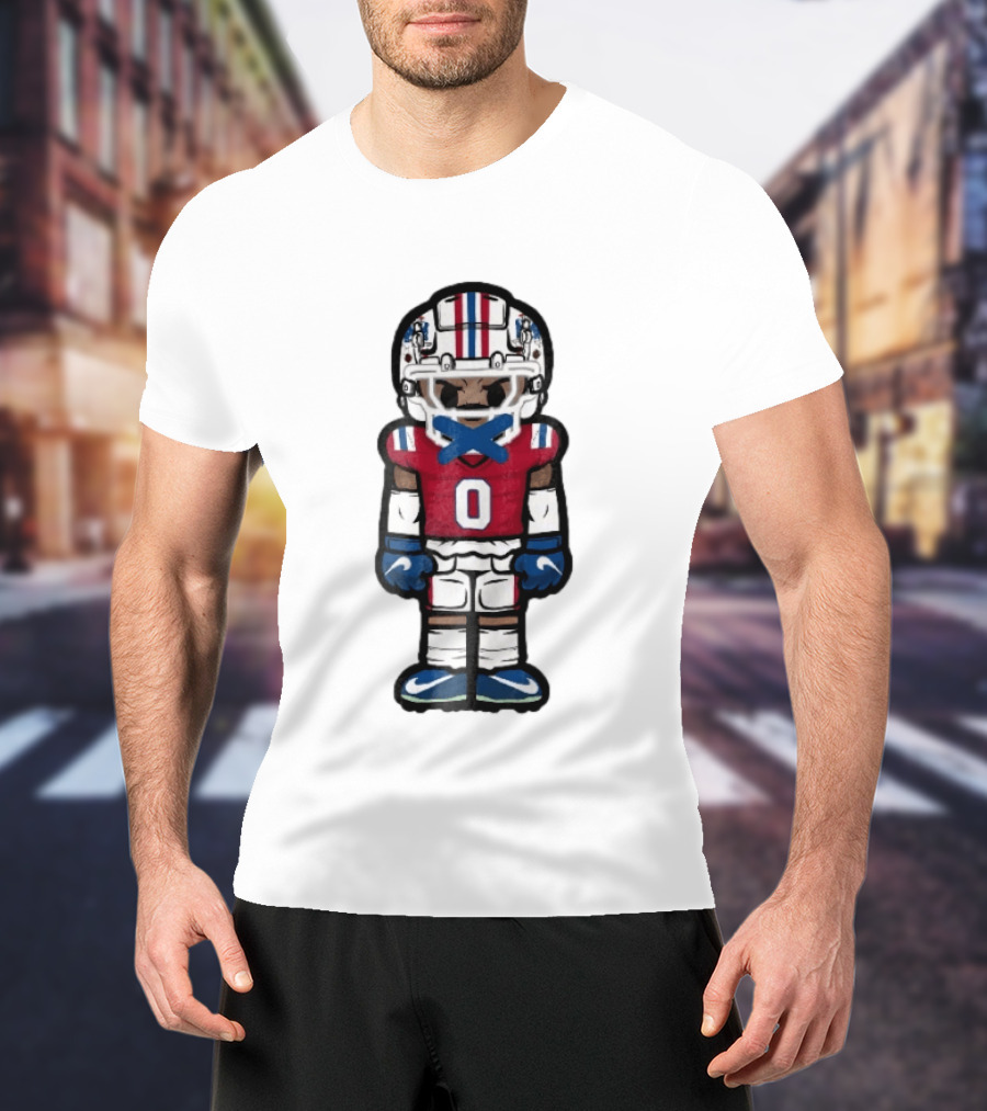 New England Patriots Cartoon Caricature Football Player Red Jersey Number 0 Helmet And Gloves T-Shirt