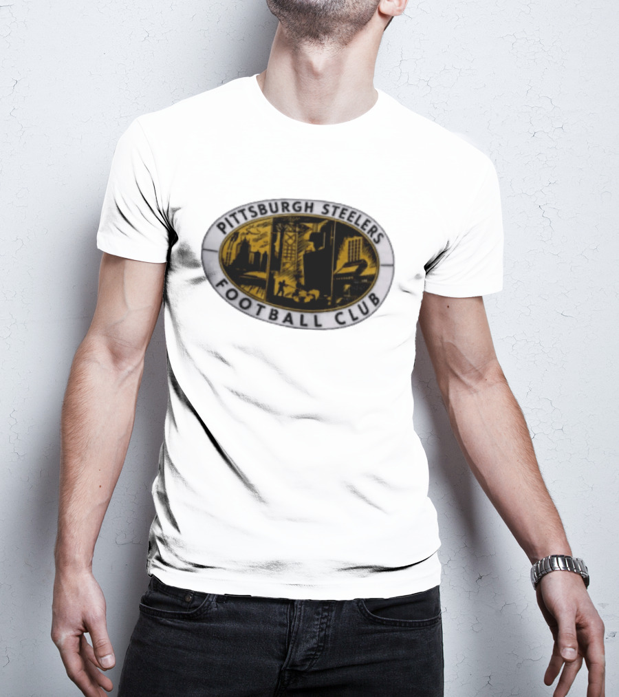 Pittsburgh Steelers Football Club Distressed Oval Emblem Cityscape T-Shirt