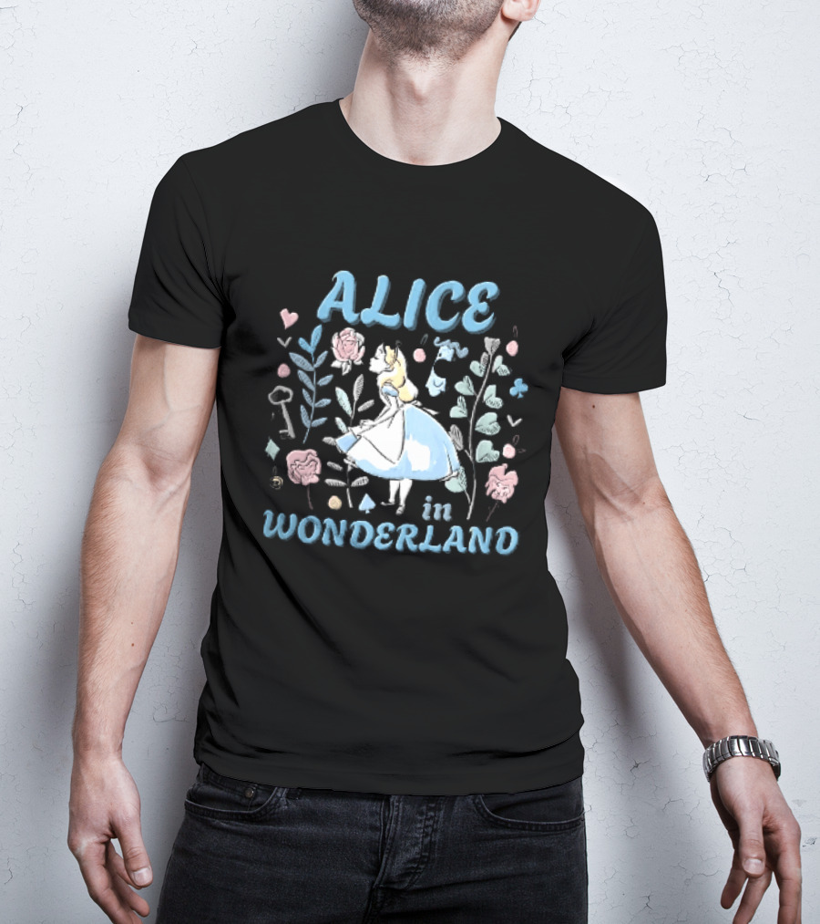 Alice In Wonderland Floral Wonderland With Alice Smelling Flowers T-Shirt