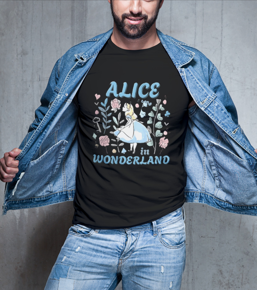 Alice In Wonderland Floral Wonderland With Alice Smelling Flowers T-Shirt