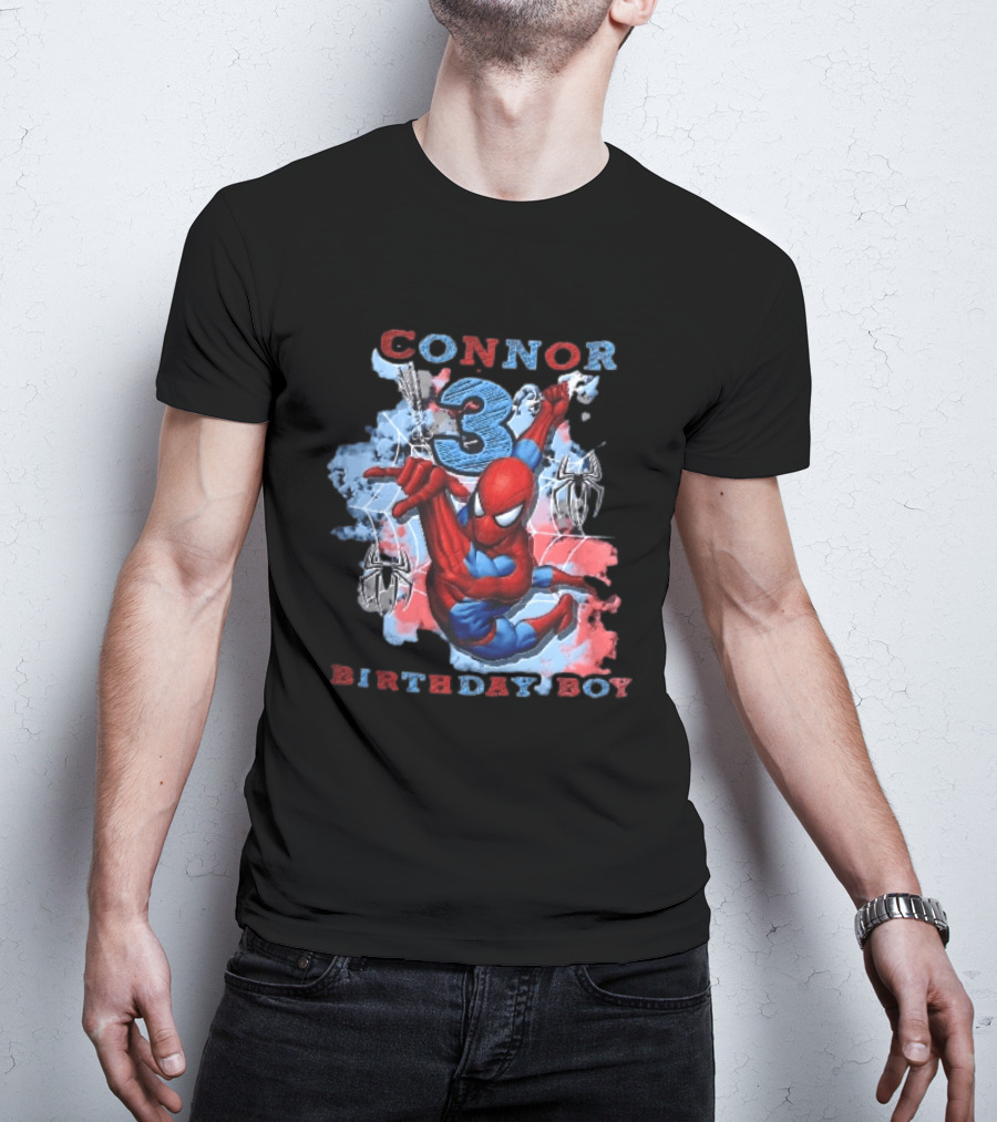 Connor 3 Birthday Boy Spider Man Web Slinging Cartoon T-Shirt