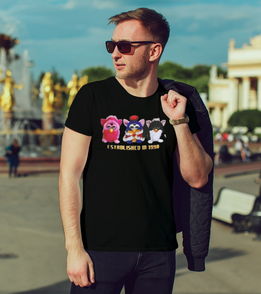 Established In 1998 Three Furby Plush Toys With Crown T-Shirt