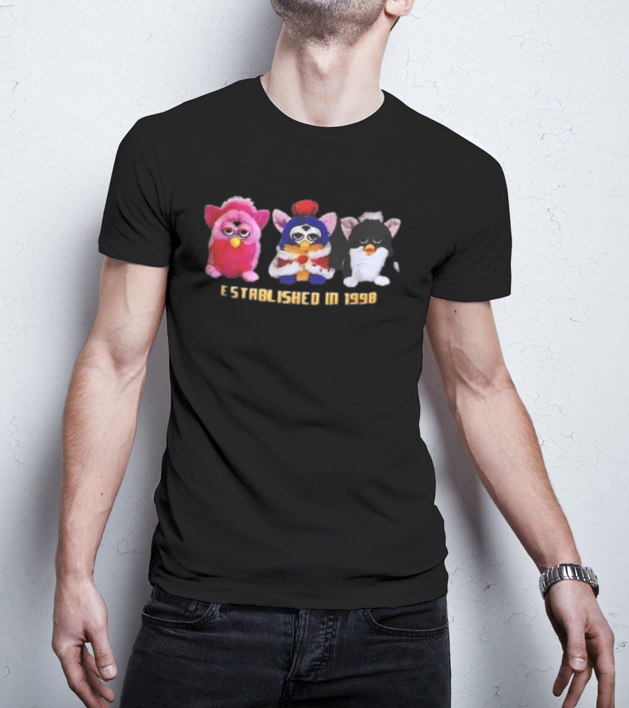 Established In 1998 Three Furby Plush Toys With Crown T-Shirt