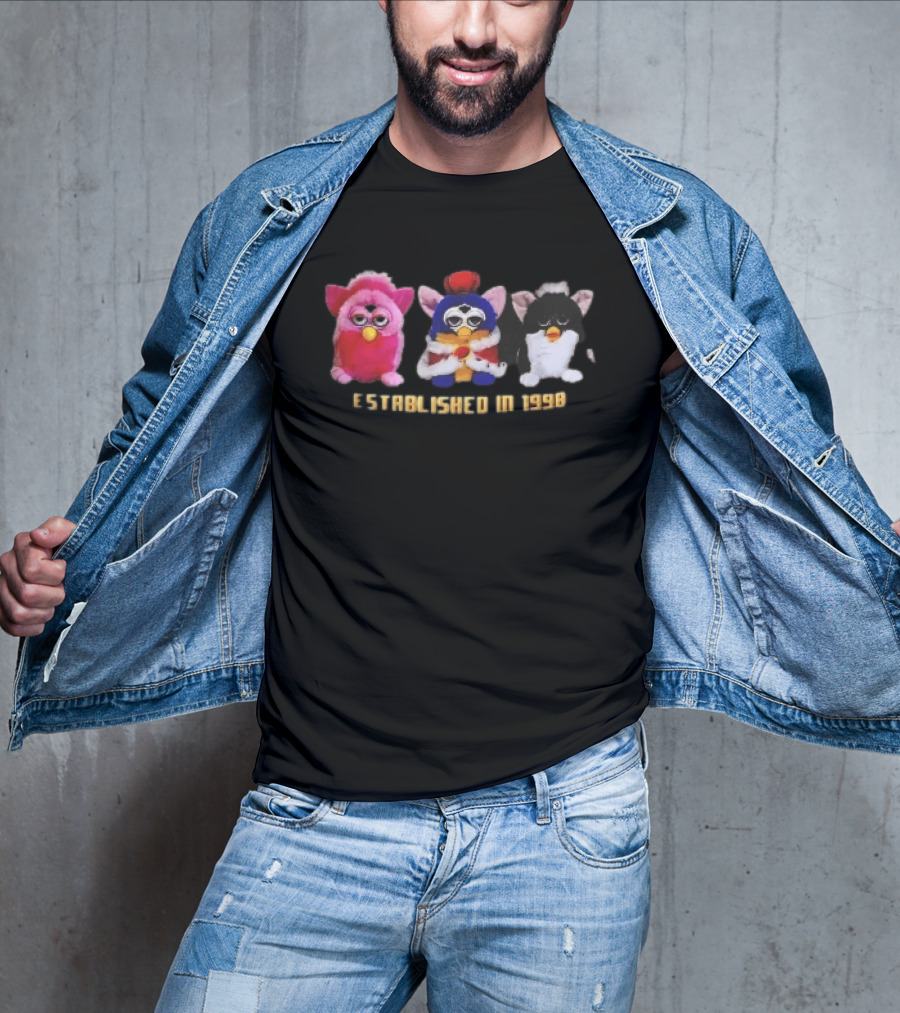 Established In 1998 Three Furby Plush Toys With Crown T-Shirt