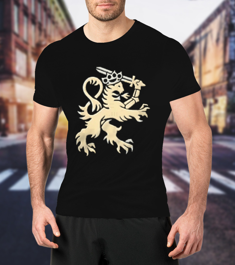 Heraldic Gold Rampant Lion With Crown Sword And Brass Knuckles T-Shirt