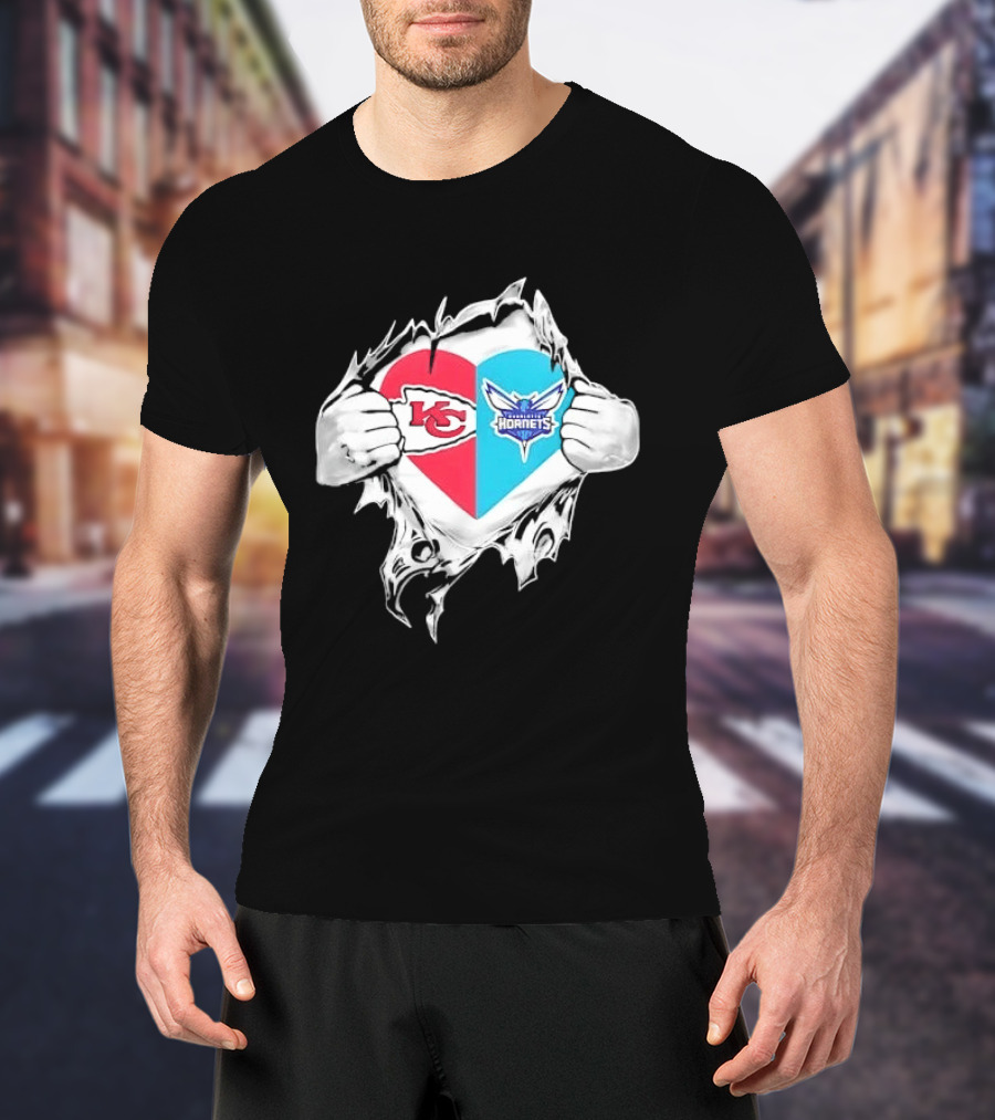 Kansas City Chiefs Charlotte Hornets Heart Hands Ripping Open T-Shirt