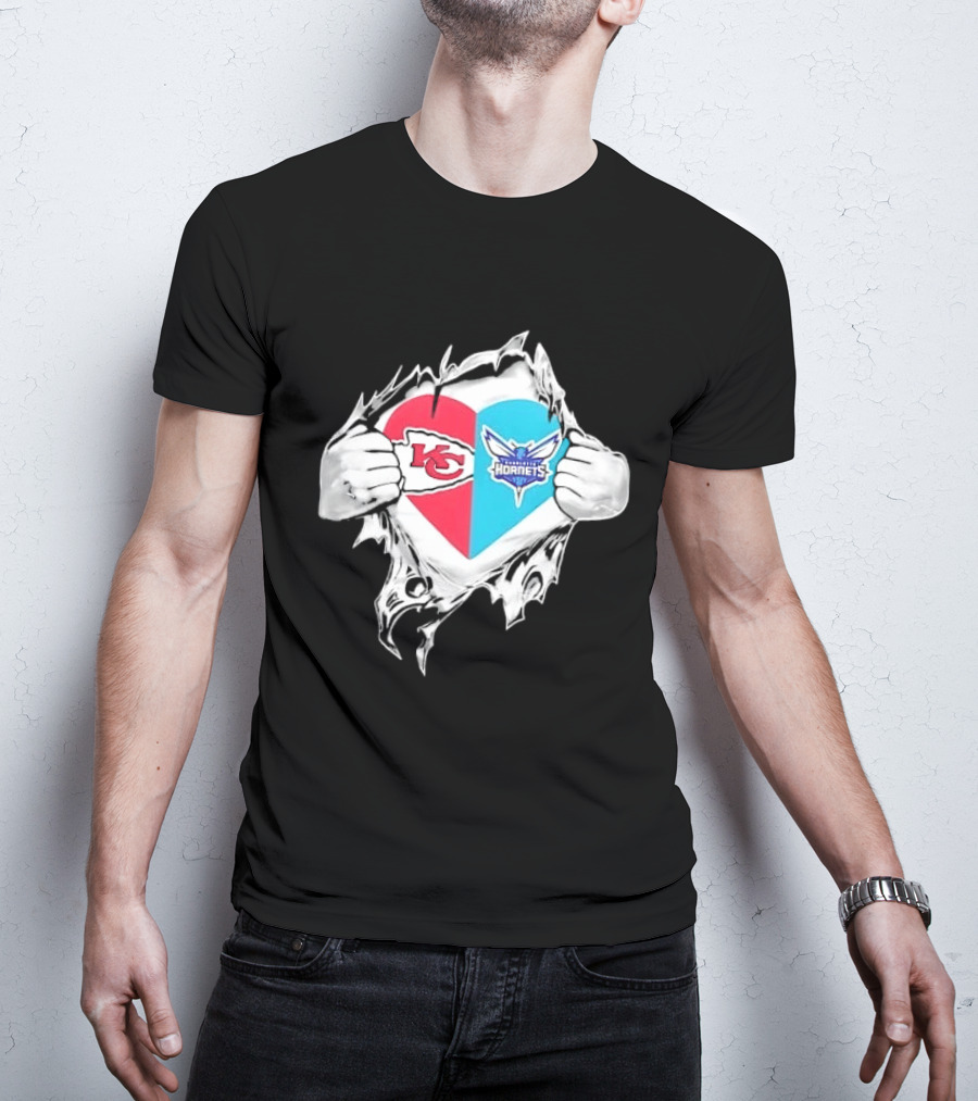 Kansas City Chiefs Charlotte Hornets Heart Hands Ripping Open T-Shirt