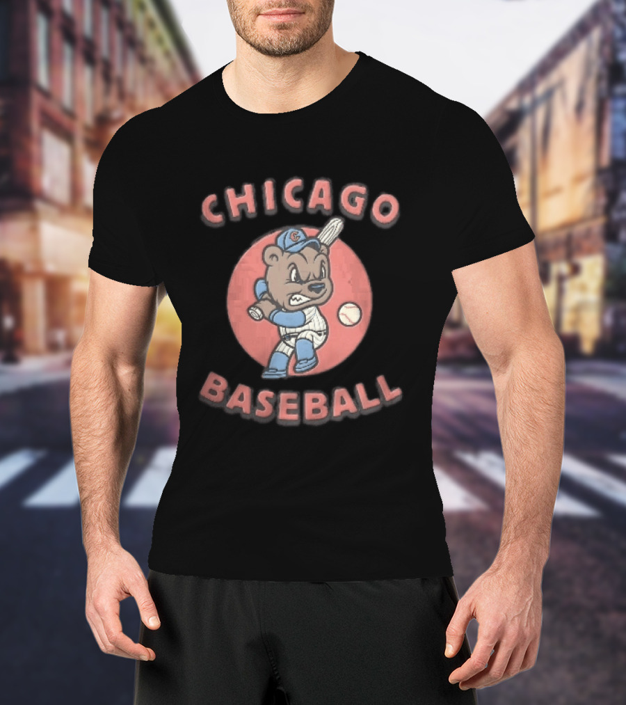Chicago Cubs Baseball Bear Swinging Bat Cartoon T-Shirt