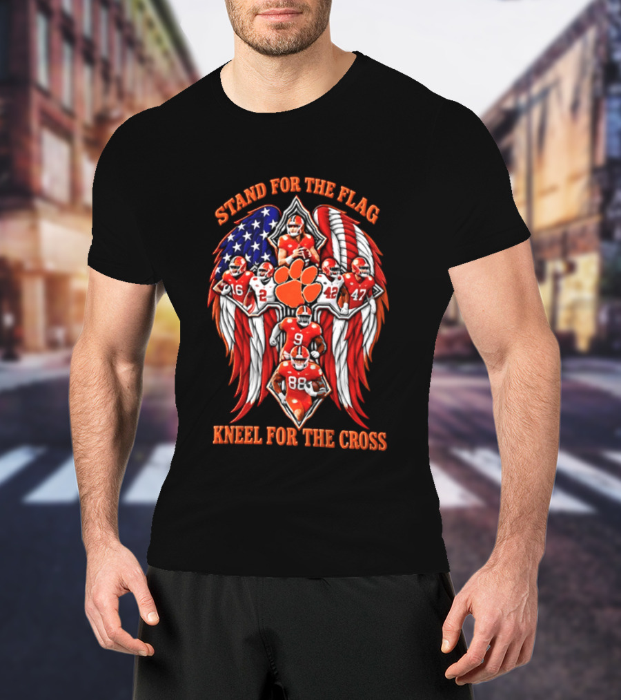 Clemson Tigers Stand For The Flag Kneel For The Cross 2026 American Flag Football Paw T-Shirt