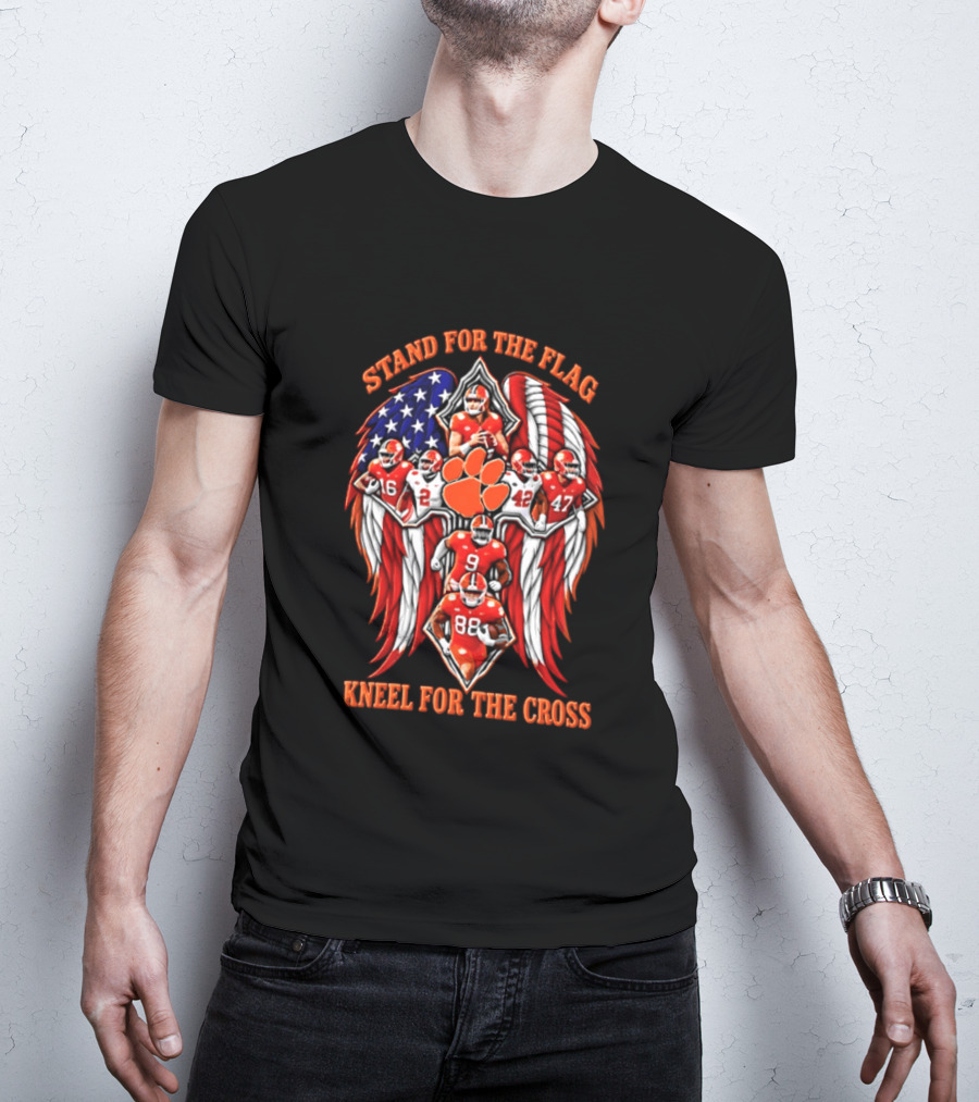 Clemson Tigers Stand For The Flag Kneel For The Cross 2026 American Flag Football Paw T-Shirt