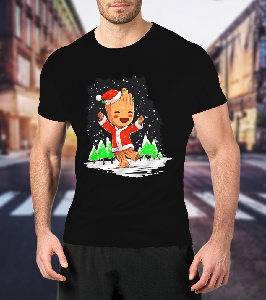 Dancing Santa Groot Christmas Trees Snow Scene T-Shirt
