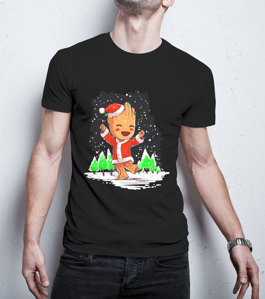 Dancing Santa Groot Christmas Trees Snow Scene T-Shirt