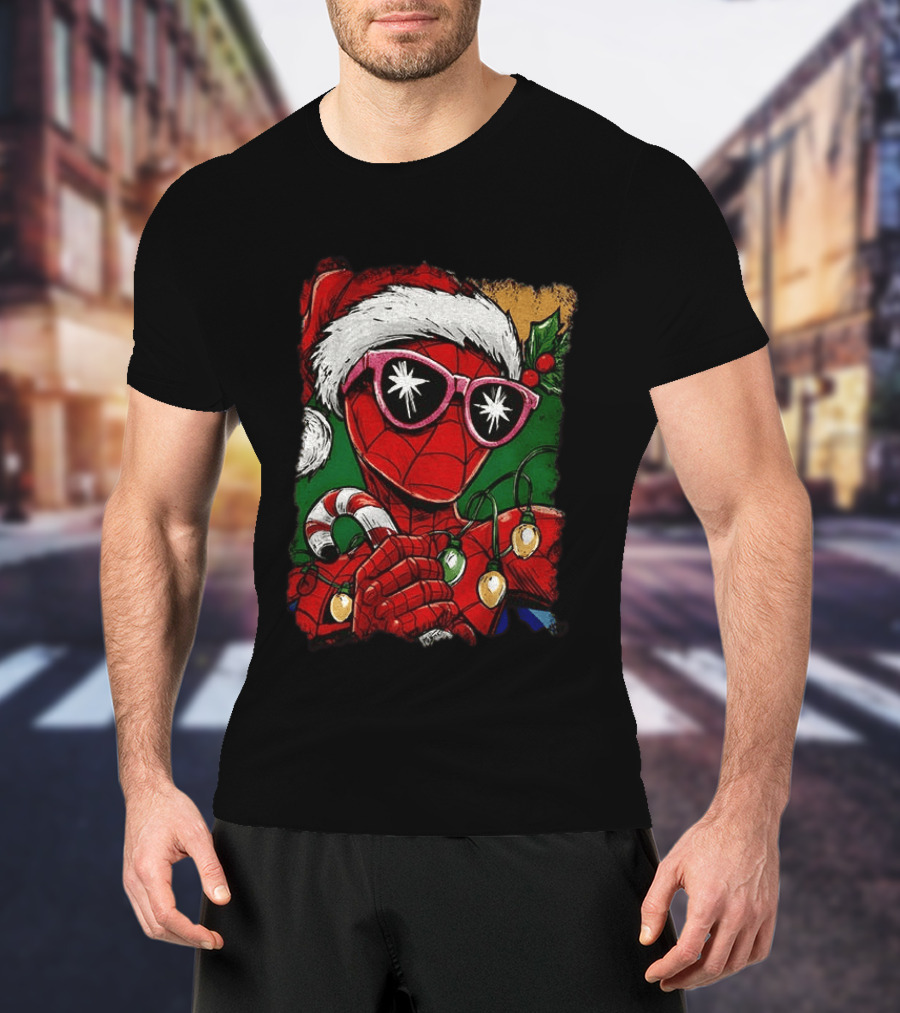 Marvel Spider Man Christmas Santa Candy Cane Festive Lights T-Shirt