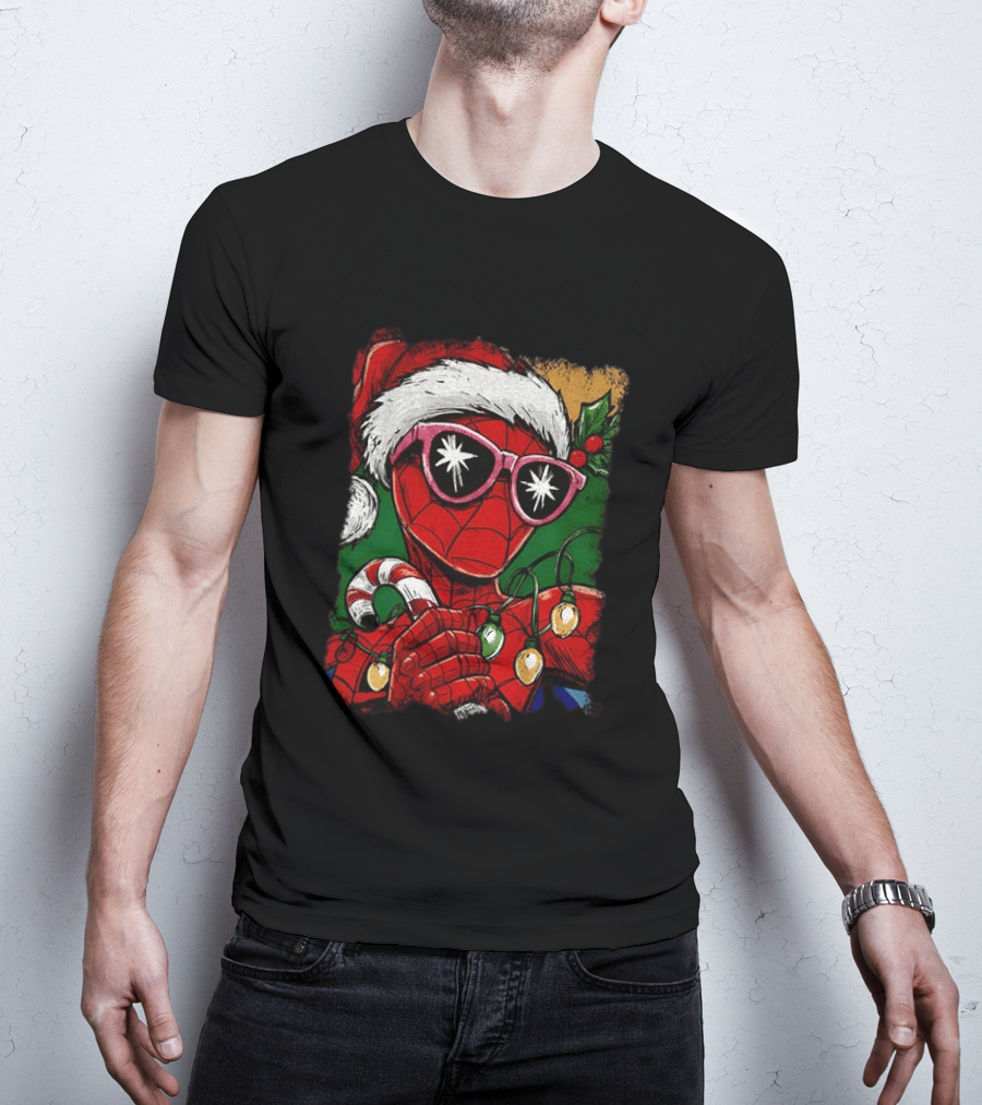 Marvel Spider Man Christmas Santa Candy Cane Festive Lights T-Shirt
