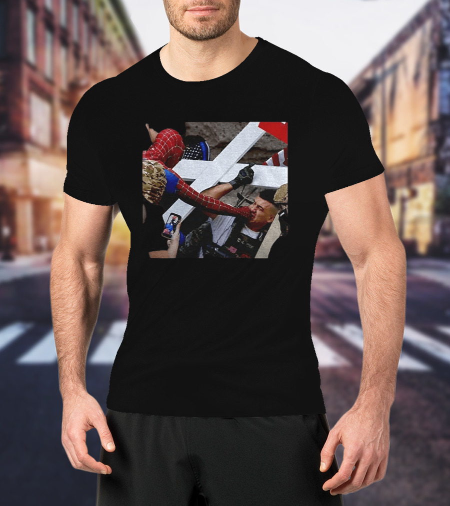 Minneapolis Spider Man Punching Protest Collage With American Flag And Cross T-Shirt
