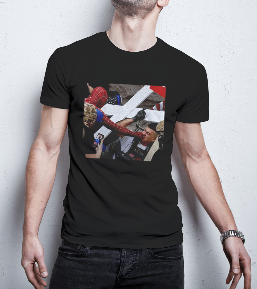 Minneapolis Spider Man Punching Protest Collage With American Flag And Cross T-Shirt