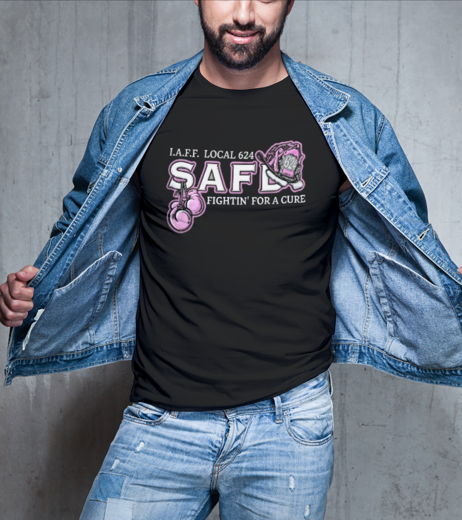 IAFF Local 624 SAFD Fightin' For A Cure Pink Boxing Gloves Firefighter Helmet T-Shirt