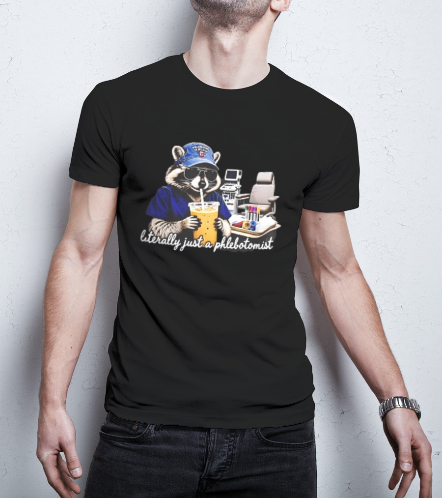 Raccoon Phlebotomist In Scrubs Sipping Drink With Blood Collection Tubes T-Shirt