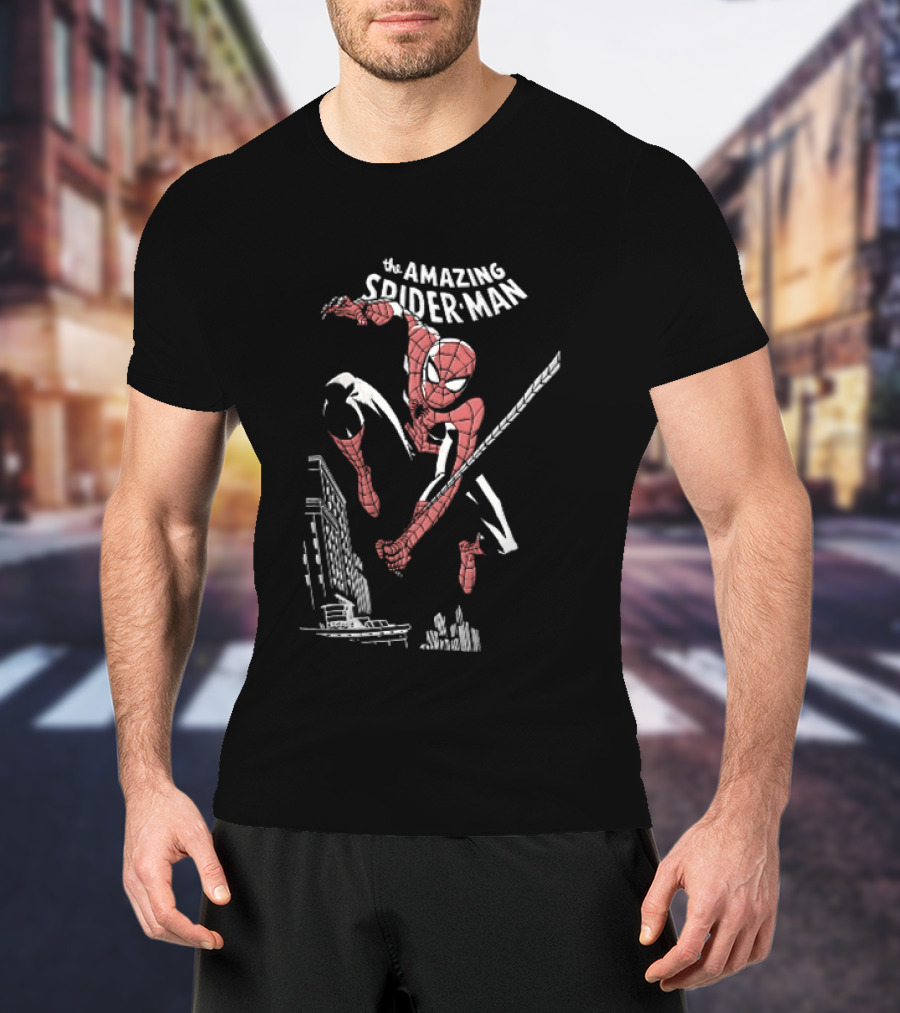 The Amazing Spider Man Swinging Above City Skyline T-Shirt
