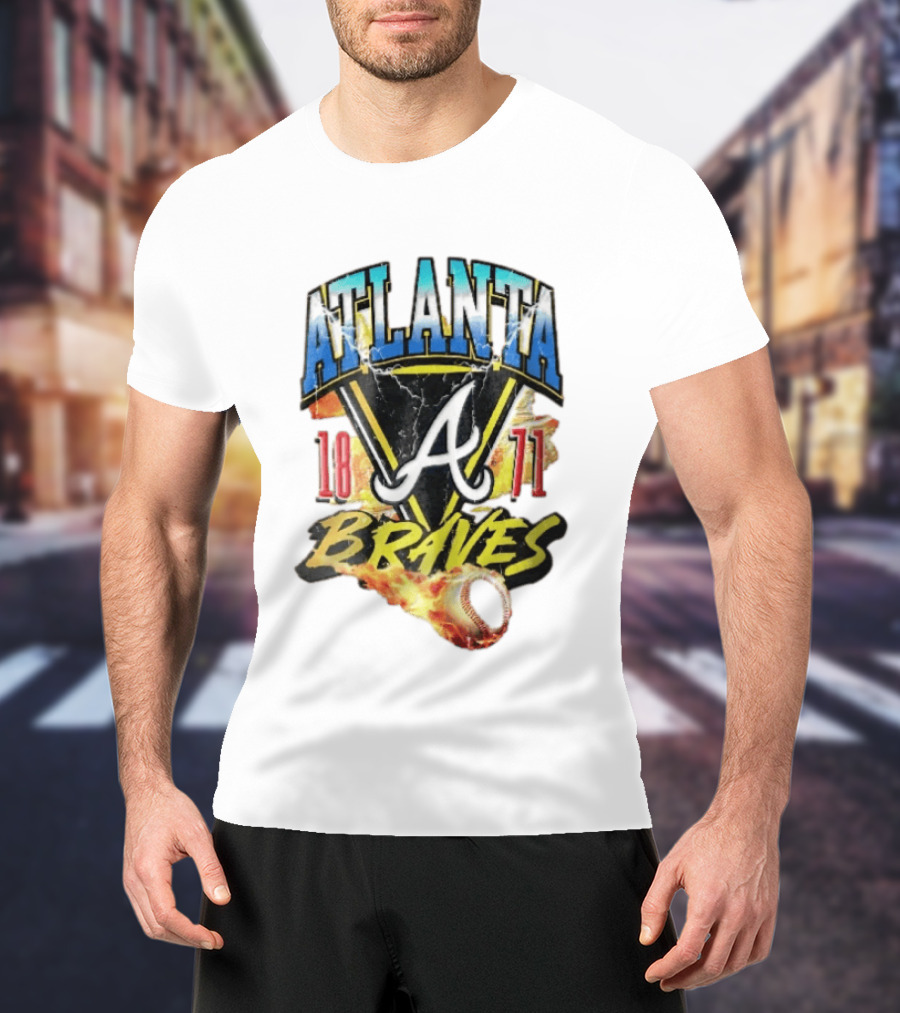 Atlanta Braves 1871 Vintage Flaming Baseball Lightning Triangle T-Shirt