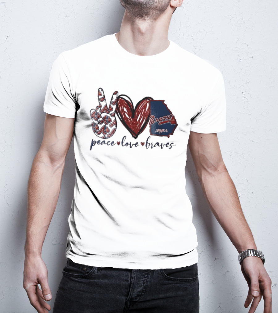 Peace Love Braves Hand Red Glitter Heart Georgia Map T-Shirt