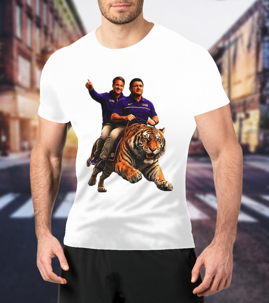 Bayou Brothers Tiger Riding LSU Coach Ed Orgeron Vs Kim Mulkey T-Shirt