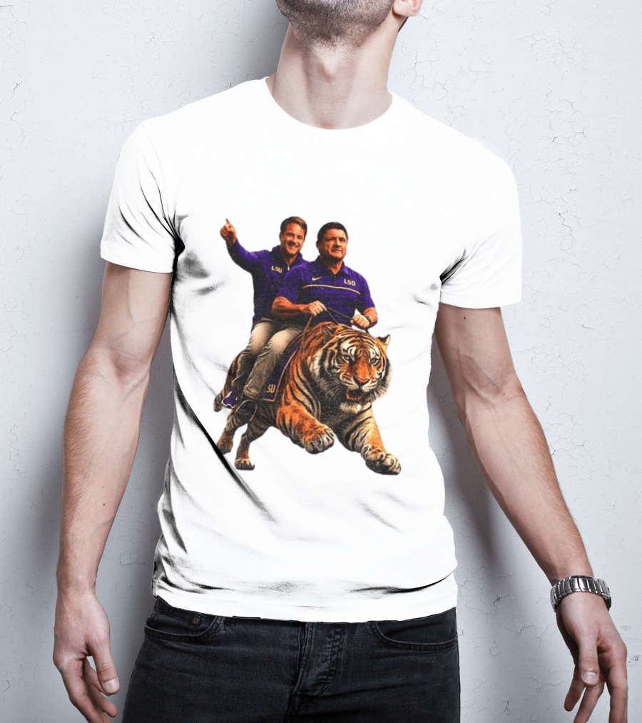 Bayou Brothers Tiger Riding LSU Coach Ed Orgeron Vs Kim Mulkey T-Shirt