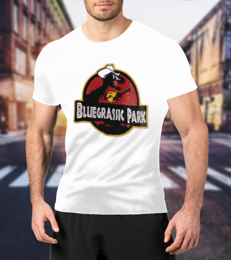 Bluegrassic Park Dinosaur Playing Mandolin Cowboy Hat Jurassic T-Shirt