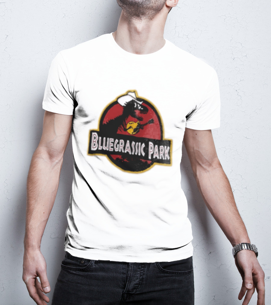 Bluegrassic Park Dinosaur Playing Mandolin Cowboy Hat Jurassic T-Shirt