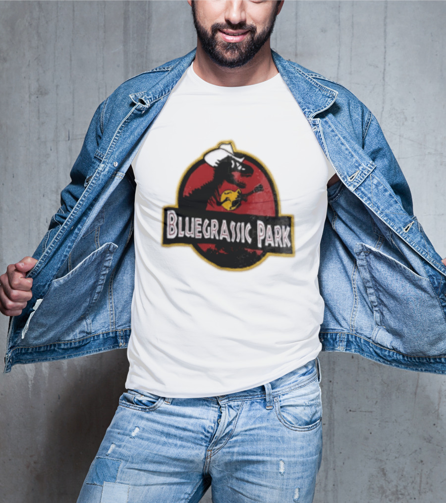 Bluegrassic Park Dinosaur Playing Mandolin Cowboy Hat Jurassic T-Shirt