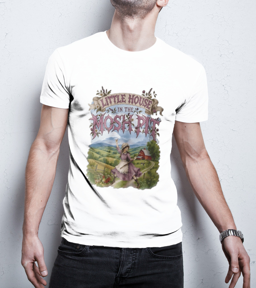Little House In The Mosh Pit Pioneer Girl Screaming Pitchfork Red Barn Farm Country Scene T-Shirt