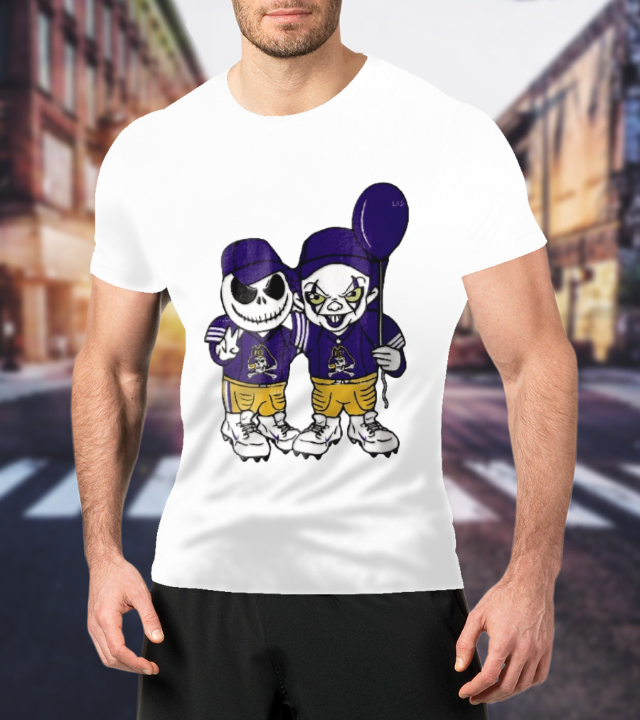 East Carolina Pirates NCAA Jack Skellington Pennywise Clown Purple Balloon T-Shirt