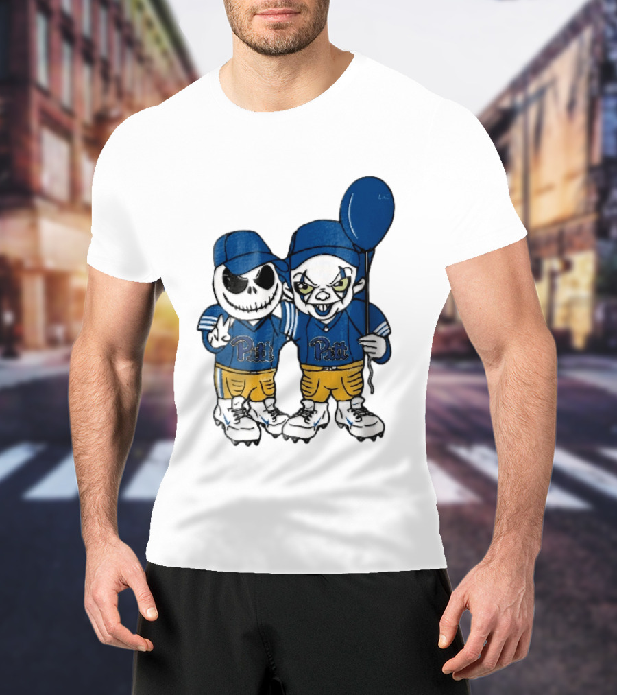 Pittsburgh Panthers NCAA Football Jack Skellington Clown Cartoon Players Blue Balloon T-Shirt