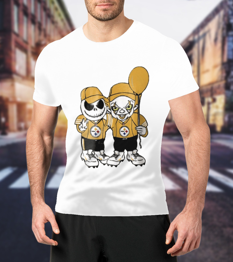 Pittsburgh Steelers Jack Skellington Pennywise Yellow Balloon NFL Cartoon Duo T-Shirt