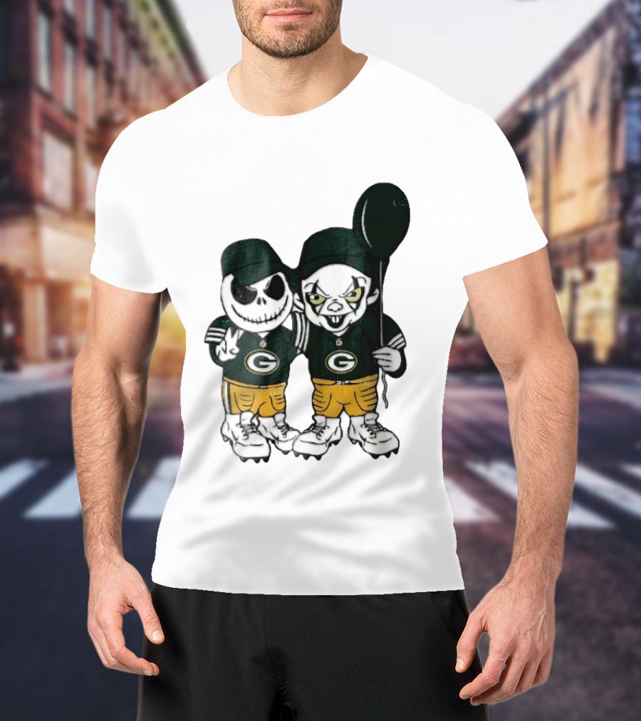 Green Bay Packers Jack Skellington Clown Balloon Cartoon Caricature Duo T-Shirt