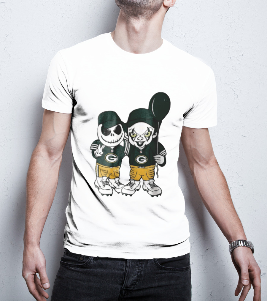 Green Bay Packers Jack Skellington Clown Balloon Cartoon Caricature Duo T-Shirt
