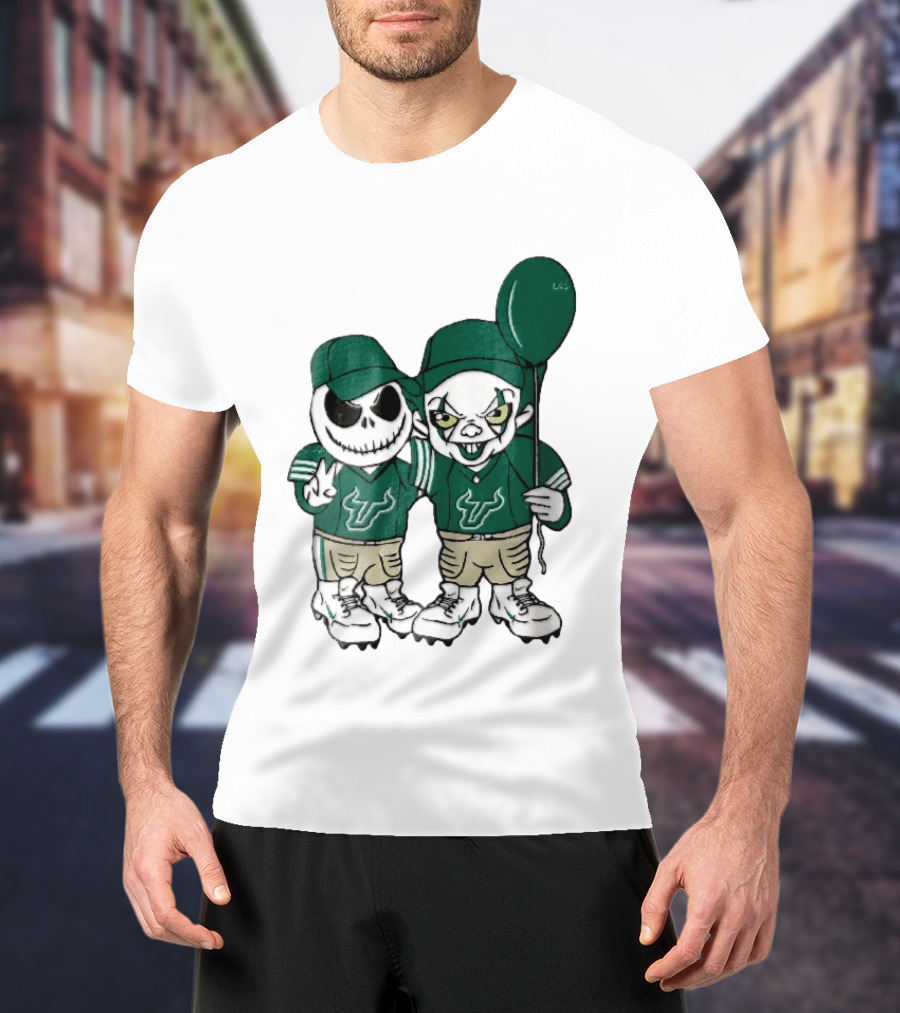 South Florida Bulls Skeleton And Evil Clown With Balloon NCAA Cartoon T-Shirt