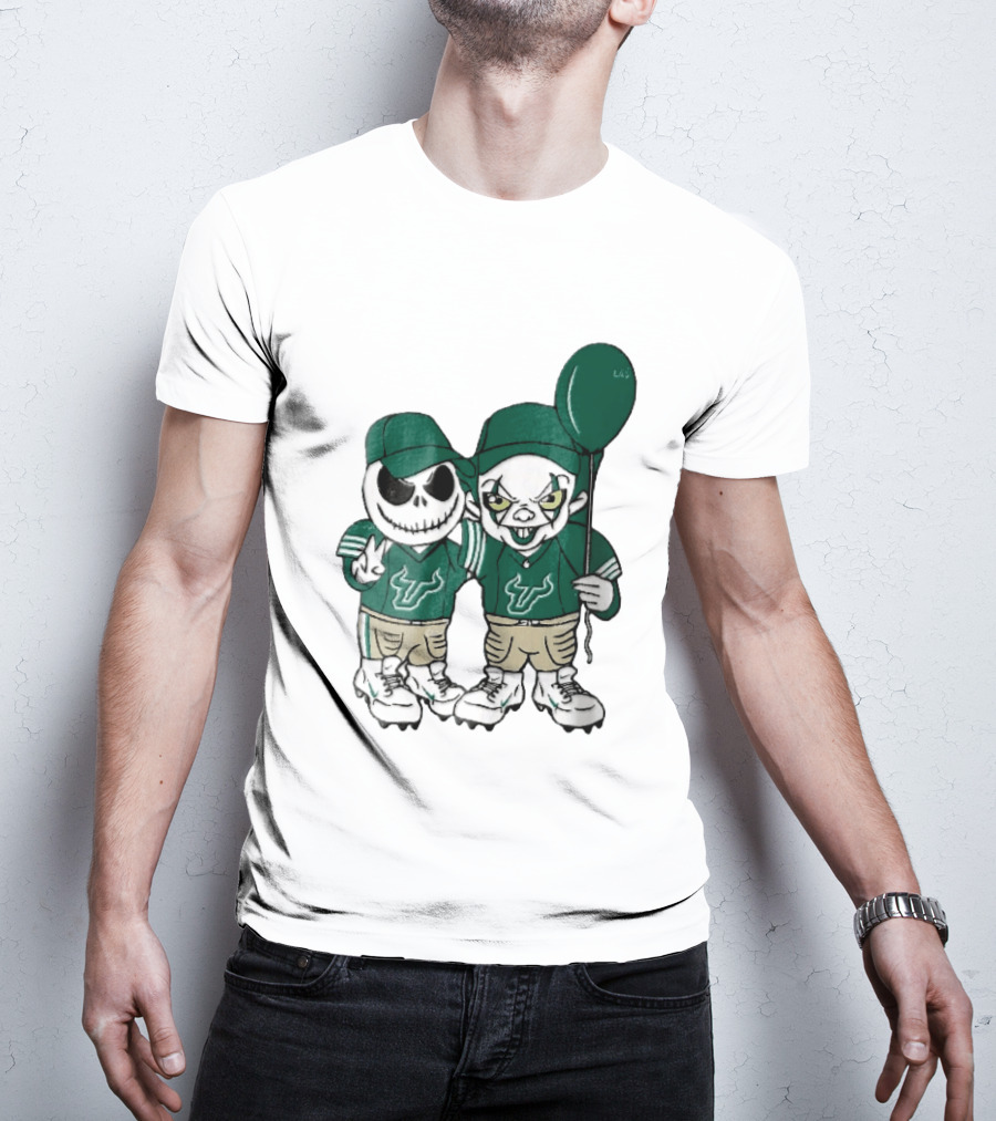 South Florida Bulls Skeleton And Evil Clown With Balloon NCAA Cartoon T-Shirt
