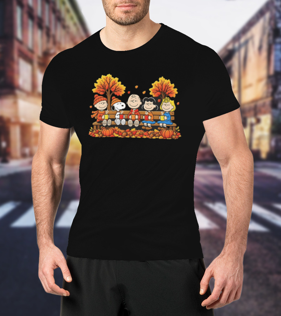 Peanuts Autumn Harvest Scene On Bench With Pumpkins And Falling Leaves T-Shirt