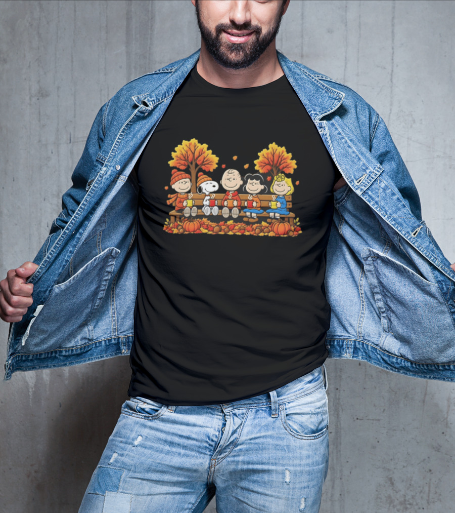 Peanuts Autumn Harvest Scene On Bench With Pumpkins And Falling Leaves T-Shirt