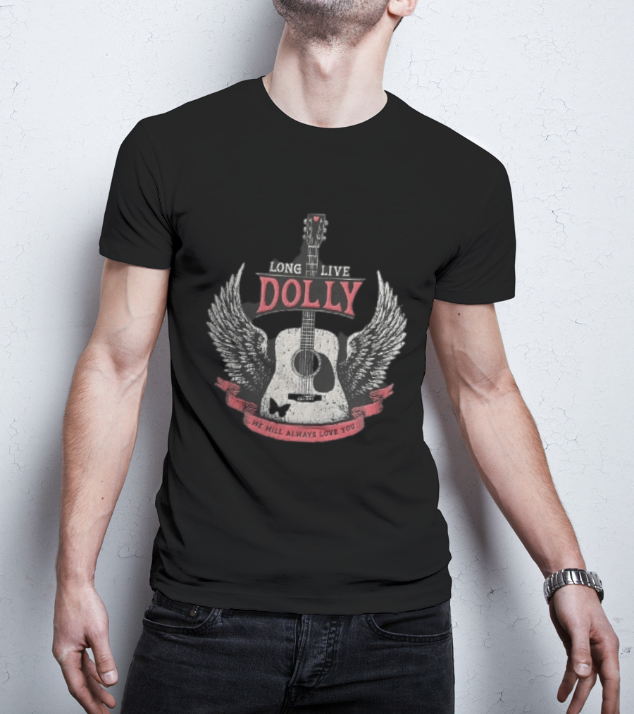 Long Live Dolly Distressed Winged Acoustic Guitar Butterfly Red Banner We Will Always Love You T-Shirt