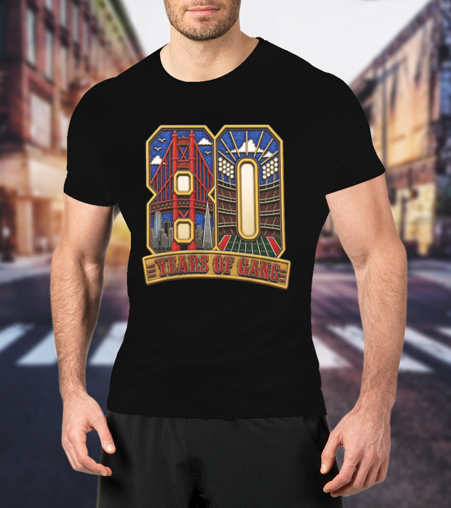 San Francisco 49ers 80 Years Of Gang Bridge And Stadium Celebration T-Shirt
